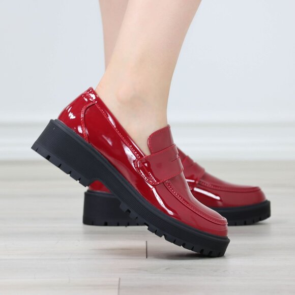 Womens Chunky Penny Loafer Lug Sole Slip On Platform Red Patent - Picture 15 of 16